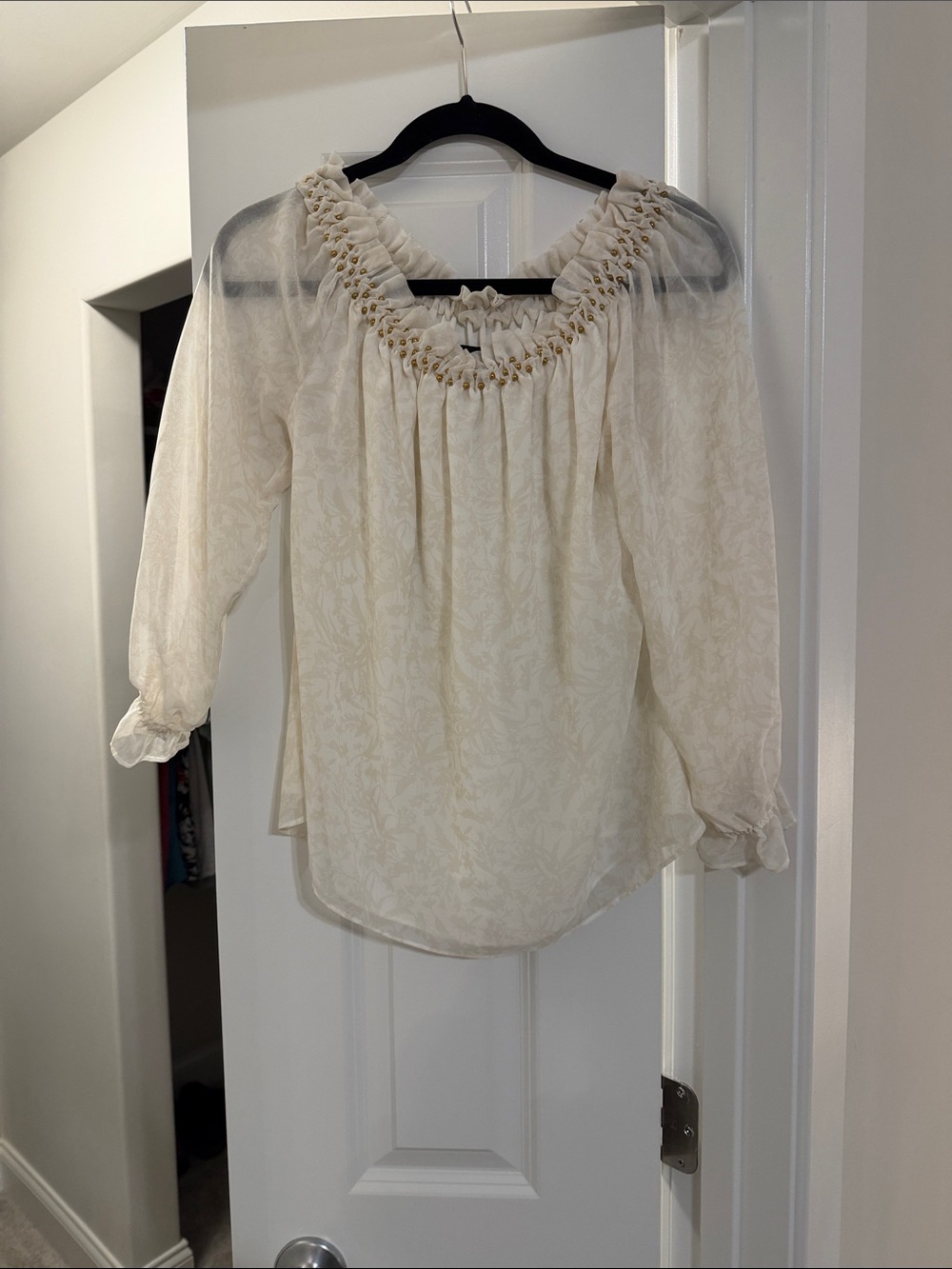 White House Black Market Cream Smocked-Neck Peasant Blouse